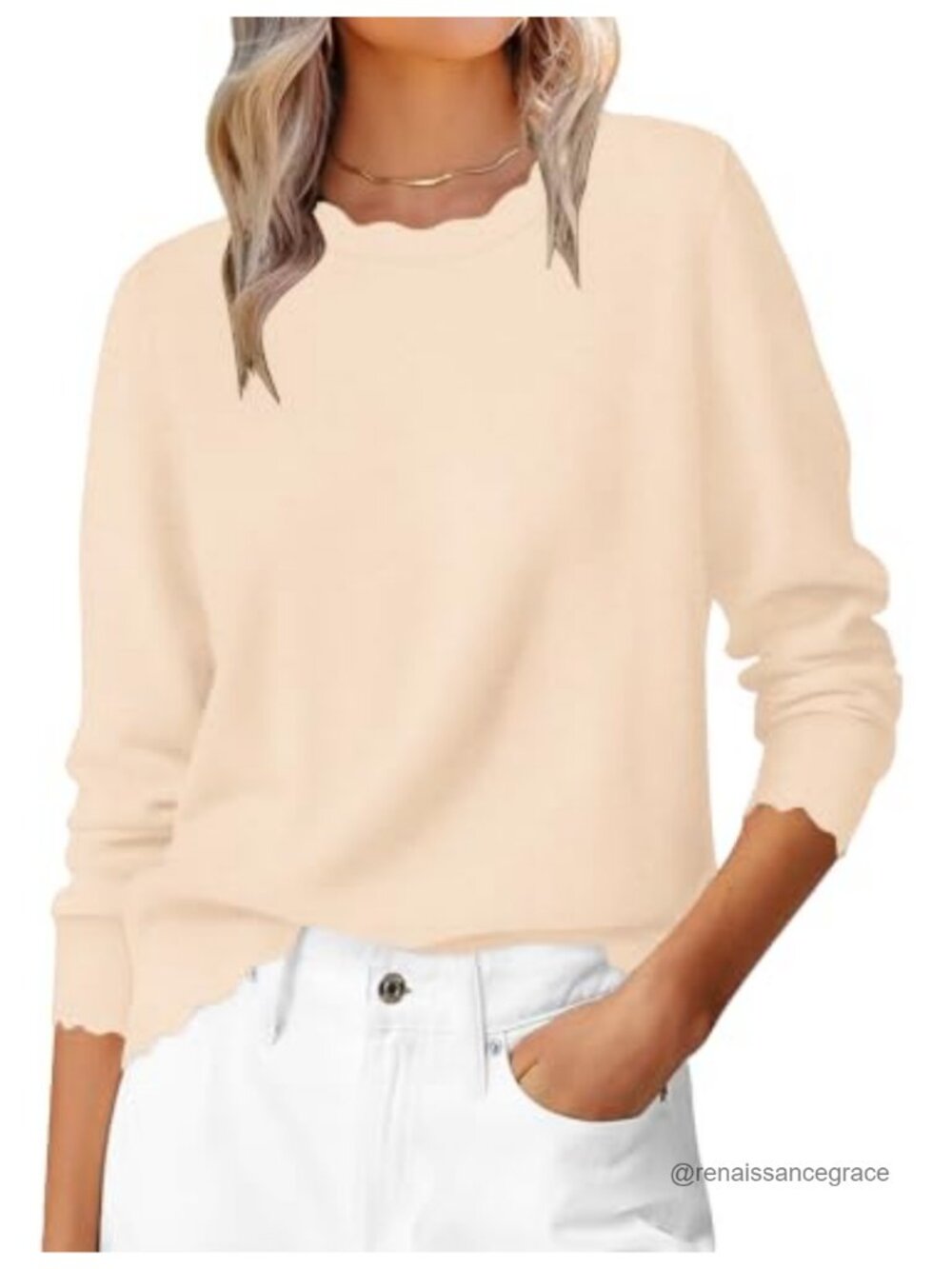 Scalloped Long Sleeve Pullover Sweater Relaxed Loose Fit Crew Neck